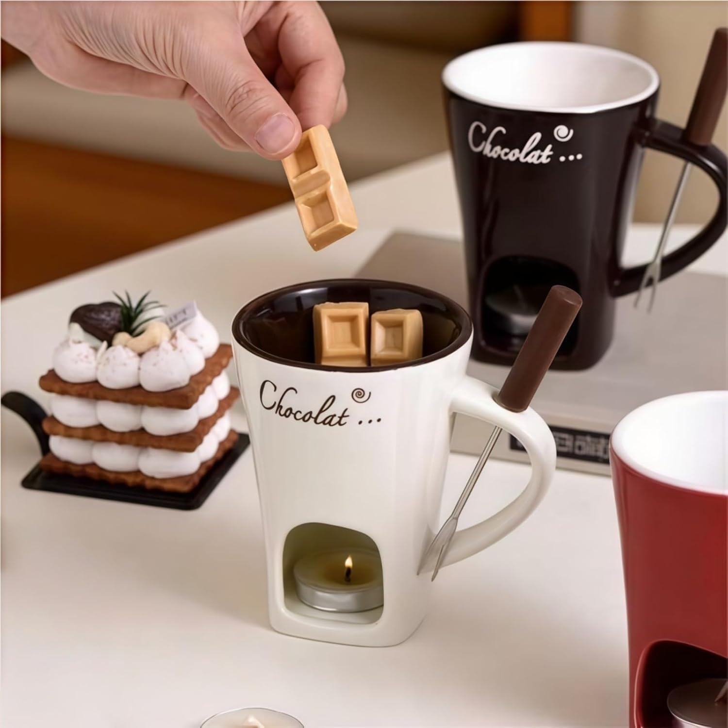 Chocolate Melting Cup,Chocolate Fondue Cup,Ceramic Sweet Fondue Mug With Fork For Cheese And Candy (White)